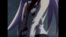 a girl with purple hair is wearing a white jacket