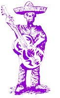 a purple drawing of a skeleton wearing a sombrero and holding a guitar