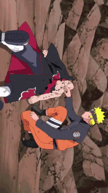 a couple of anime characters laying on a rocky surface