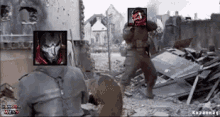 two soldiers are standing in front of a destroyed building and one of them has a picture of a soldier on his head .