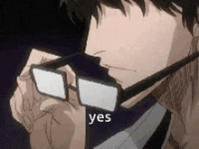 a man wearing glasses is holding his hand to his face and says yes .