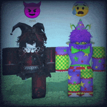 two roblox characters are standing next to each other with one wearing a purple clown costume