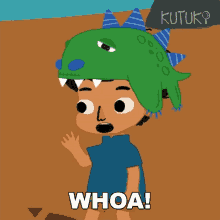 a cartoon of a boy wearing a green dinosaur hat says whoa