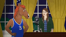 a cartoon horse wearing a number 3 jersey