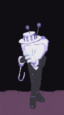 a pixel art of a man in a suit holding a sword
