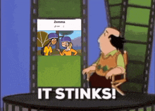 a cartoon of a man sitting in front of a screen that says zemma and it stinks