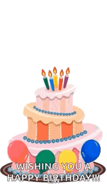 a birthday cake with candles and balloons on it and the words wishing you a happy birthday