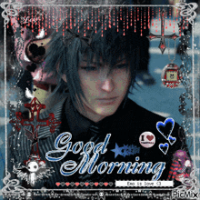 a picture of a boy with the words good morning written on it