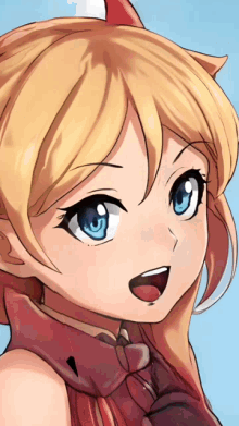 a girl with blonde hair and blue eyes is wearing a red shirt