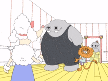 a cartoon of a hippo doing a handstand with a lion