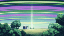 a painting of a tent in the middle of a field with trees in the background