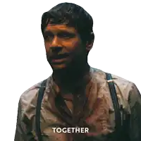 a man with suspenders has the word together written on his chest