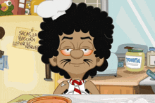 a cartoon character with a sign that says sacas la basura on the wall behind him