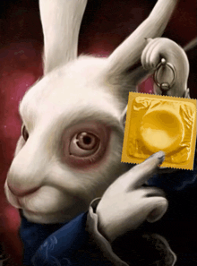 a white rabbit holding a yellow condom in its paw