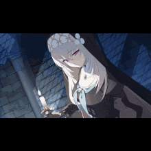 a girl with white hair is holding a candle in her hand