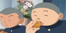 two cartoon characters are eating a piece of food with flowers in the background