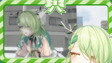 a picture of a girl with green hair and a bow