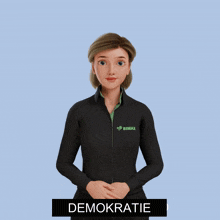 a woman wearing a simax jacket stands in front of a sign that says demokrasie