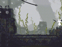 a pixelated image of a landscape with a castle in the distance