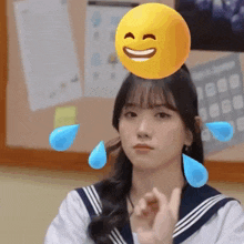 a girl with a smiley face on her head and water drops