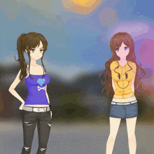 two anime girls are standing next to each other with one wearing a smiley face shirt