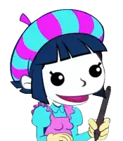 a cartoon girl is holding a pen and wearing a pink and blue hat