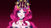 a girl with pink hair and blue eyes has a crown on her head
