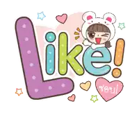 a cartoon girl wearing a bear costume is holding the word like