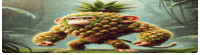 a monkey made out of pineapples is standing in a field .