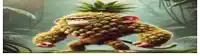 a monkey made out of pineapples is standing in a field .