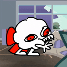 a cartoon character with red eyes and a mouth that says " jaw "