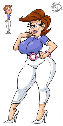 a cartoon of a woman with big breasts and white pants