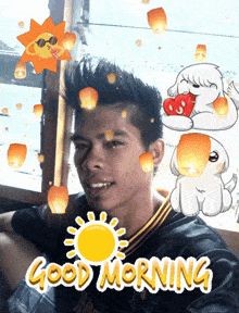 a man is surrounded by good morning stickers and lanterns