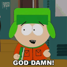 a cartoon character from south park says " god damn "