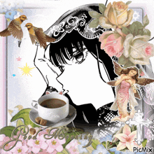 a picture of a woman with a cup of coffee and the words good morning on it