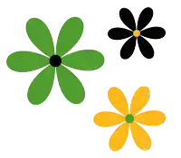 a black flower with a yellow center is surrounded by green and yellow flowers