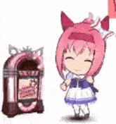 a little girl is standing next to a jukebox .