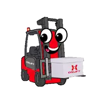 a cartoon oxlift forklift is carrying a box