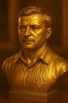 a gold statue of a man with a shirt that has the letter r on it