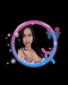 a woman in a striped top is surrounded by a circle with a gemini symbol on it