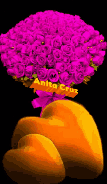 a bunch of purple roses sitting on top of a yellow heart with the name anita cruz on it