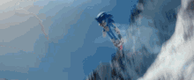 sonic the hedgehog is flying through the air while snowboarding down a mountain
