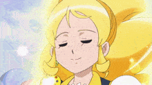 a cartoon girl singing into a microphone with a yellow hair