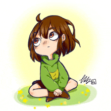 a drawing of a girl in a green hoodie with the letter m on the bottom left