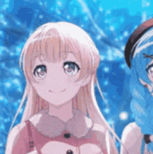 two anime girls with blonde hair and blue hair are standing next to each other .