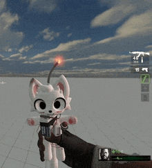 a person is holding a stuffed animal with a lighter on its head in a video game ..
