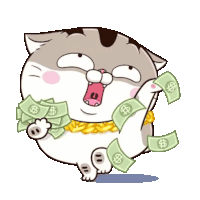 a cartoon cat is wearing a gold chain and holding a pile of money .