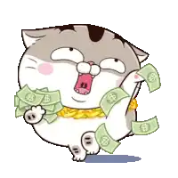 a cartoon cat is wearing a gold chain and holding a pile of money .