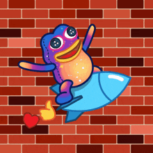 a cartoon character is flying through the air on a rocket with a red heart in the background