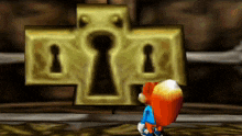 a cartoon character stands in front of a large keyhole